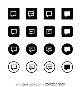 Icon set, chat bubbles, messaging symbols,
black and white, minimalist design.
communication icons, square icons, circular
indicators, dialogue symbols, user interface
‘graphics, clean fines.