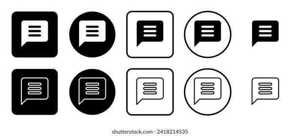 Conjunto de iconos del símbolo de chat. Relleno, contorno, conjunto de iconos en blanco y negro, estilo plano.  Ilustración del vector sobre fondo blanco