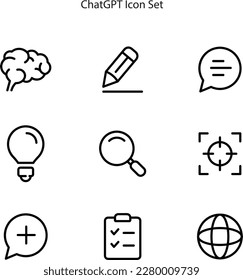 icon set of chatGPT isolated on white background. outline icons for chatGPT includes brainstorm, write, chat, analysis, goal, list, and translate. 