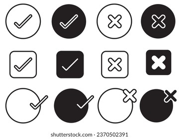 icon set, set of check and cross icons, black and white 