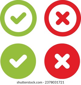 Icon set of check green mark and red wrong mark. Thin line icons, flat vector illustrations. Isolated on white, transparent background