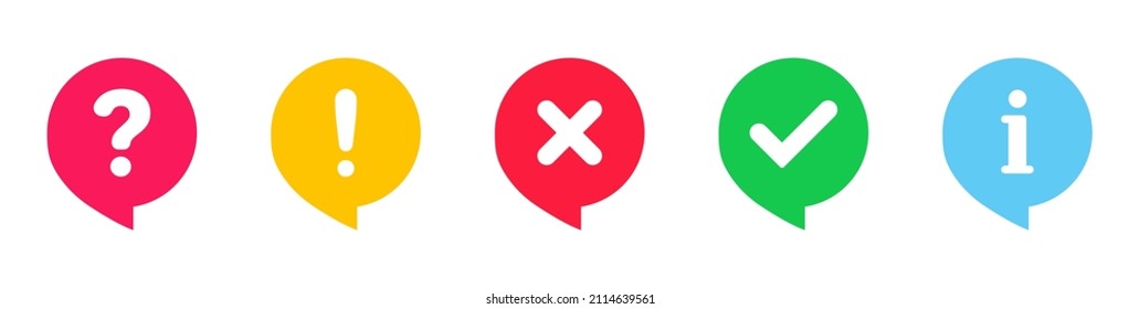 Icon set of check mark, cross, question mark, exclamation point, information icon. FAQ sign. Tick, question, information and answers mark. Help symbol. Vector illustration