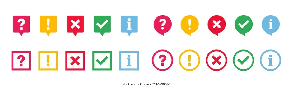 Conjunto de iconos de marca de verificación, cruz, signo de interrogación, signo de exclamación, icono de información. Signo de FAQ. Marcado, pregunta, información y respuestas. Símbolo de ayuda. Ilustración del vector