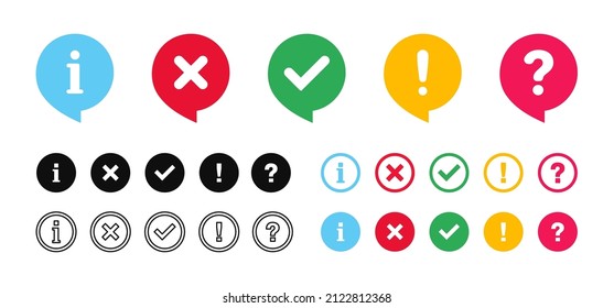 Conjunto de iconos de marca de verificación, cruz, signo de interrogación, signo de exclamación, icono de información. Signo de FAQ. Marcado, pregunta, información y respuestas. Símbolo de ayuda. Ilustración del vector