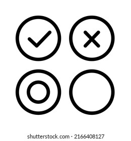 Conjunto de iconos de marca de verificación, marca de cruce y marca redonda. Vector.