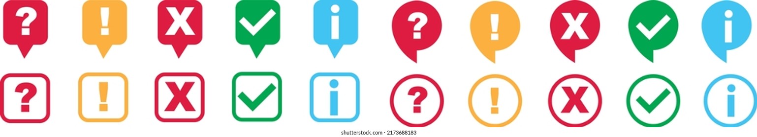 Icon set of check mark, cross, question mark, exclamation point, information icon. FAQ sign. Tick, question, information and answers mark. Help symbol