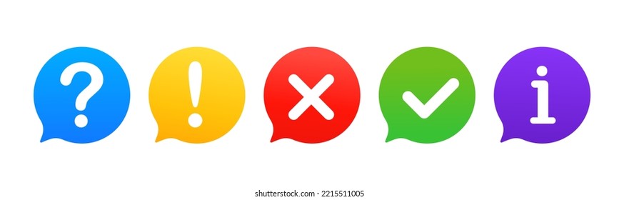 Icon set of check mark, cross, question mark, exclamation mark, information icon. FAQ sign. Check mark, question, information and answer on a white background. Vector illustration