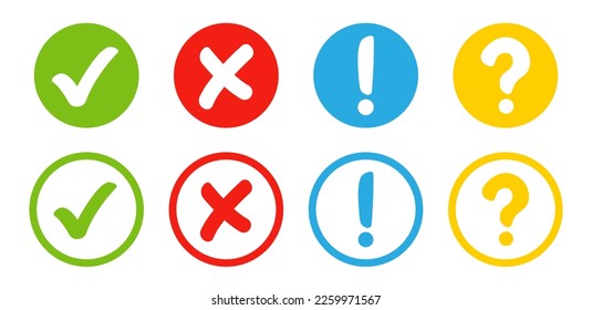 Icon set of check mark, cross, question mark, exclamation point. Vector illustration