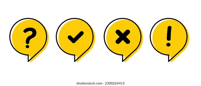 Icon set of check mark, cross, question mark, exclamation point, information icon. FAQ sign. Tick, question, information and answers mark. Help symbol. Vector illustration