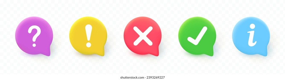 Icon set of check mark, cross, question mark, exclamation point, information icon. FAQ sign. Tick, question, information and answers mark. Help symbol. Vector illustration