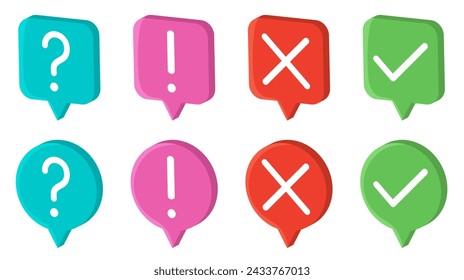 Icon set of check mark, cross, question mark, exclamation point,. FAQ sign.. Vector illustration