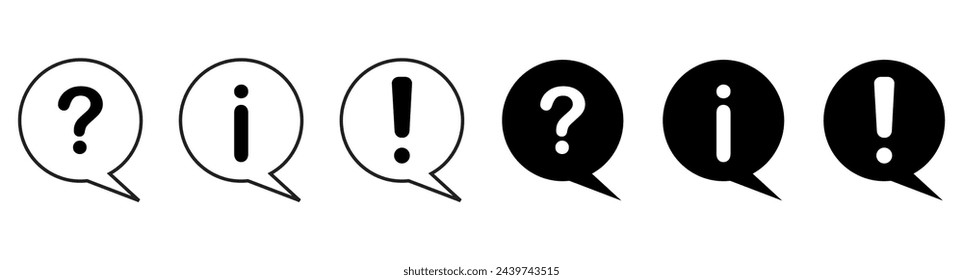 Conjunto de iconos de marca de verificación, cruz, signo de interrogación, exclamación, icono de información. Signo de FAQ. Marca de la marca, pregunta, información y respuestas. Símbolo de ayuda. Ilustración vectorial.