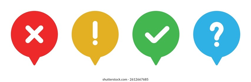 Icon set of check mark, cross, question mark, exclamation point, information icon. FAQ sign.