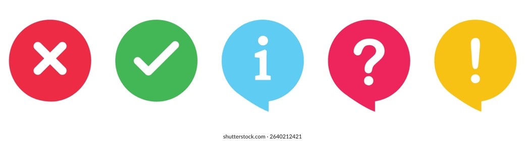 Icon set of check mark, cross, question mark, exclamation point, chat, FAQ sign, information icon. Help symbol. Tick, question, information and answers mark. Vector Illustrations.