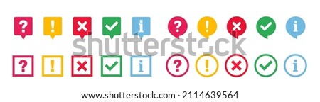 Icon set of check mark, cross, question mark, exclamation point, information icon. FAQ sign. Tick, question, information and answers mark. Help symbol. Vector illustration