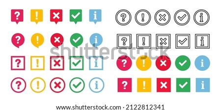 Icon set of check mark, cross, question mark, exclamation point, information icon. FAQ sign. Tick, question, information and answers mark. Help symbol. Vector illustration