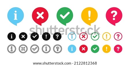 Icon set of check mark, cross, question mark, exclamation point, information icon. FAQ sign. Tick, question, information and answers mark. Help symbol. Vector illustration