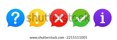 Icon set of check mark, cross, question mark, exclamation mark, information icon. FAQ sign. Check mark, question, information and answer on a white background. Vector illustration