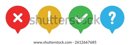 Icon set of check mark, cross, question mark, exclamation point, information icon. FAQ sign.
