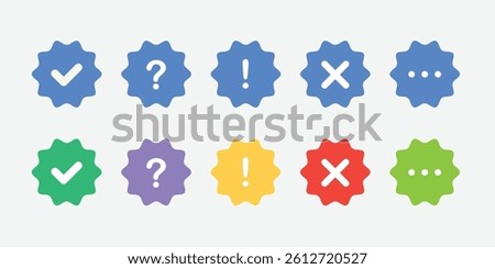 Icon set of check mark, information icon, chat, cross, question mark, exclamation point, FAQ sign. Tick, question, information and answers mark.