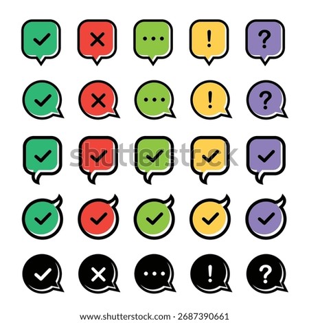 Icon set of check mark, information icon, chat, cross, question mark, exclamation point, FAQ sign. Tick, question, information and answers mark.