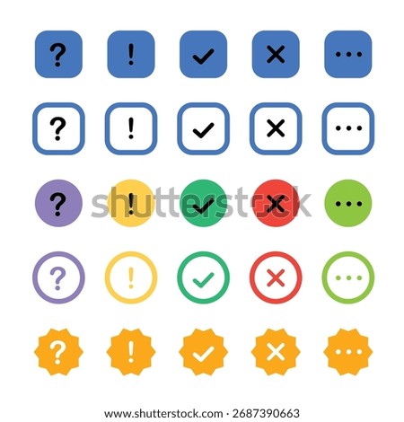 Icon set of check mark, information icon, chat, cross, question mark, exclamation point, FAQ sign. Tick, question, information and answers mark.