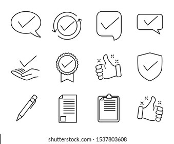 icon set of checklist line, badge with checklist icon, shield, hand, document, pencil and more.