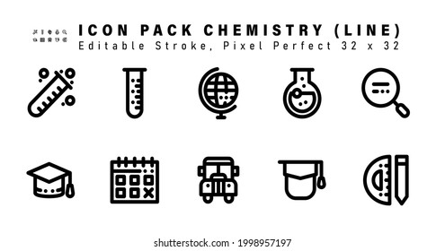 Icon Set of Chemistry Line Icons. Contains such Icons as Magnifying Glass, Calendar, Graduation, Bus etc. Editable Stroke. 32 x 32 Pixel Perfect