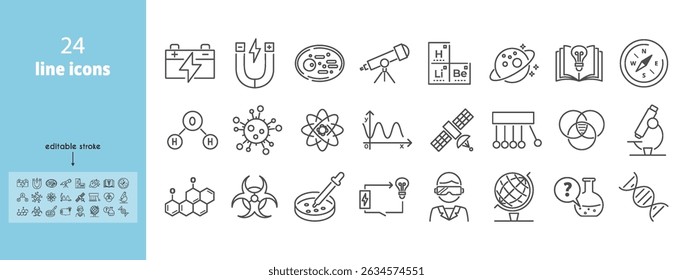 Icon set for chemistry and science visuals. Research, scientist, and education symbols included. Lab elements shown with editable outline strokes. Vector illustration.
