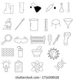 Icon Set Of Chemistry.Chemical research line icon set. Chemist, beaker, experiment,temperature control,glasses, funnel, mortar and pestle, virus . Science concept : biology, lab tests, chemistry.