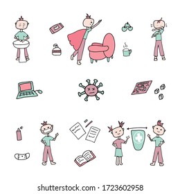 Icon set of child behavior during the coronavirus and other vector elements. Stay home, read, drink tea, do exercise, keep distance, play games, keep connected online, pet your cat.