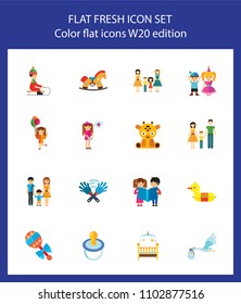 Icon set of childhood symbols. Family, toys, childcare. Children concept. For topics like parenthood, relationship, upbringing
