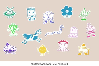 The icon set of the children's characters for books, coloring, games, clothes, advertising	 in the hand drawing style