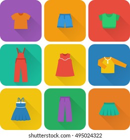 Icon set children's clothes for girls in flat style with long shadow. Collection of clothing. Vector illustration.