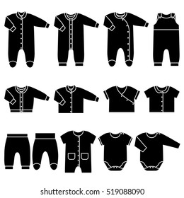 Icon set children's clothes for newborn baby girl or boy. Overalls, shirt, rompers, pants and baby's loose jacket. Collection of black clothing on white background. Vector illustration.