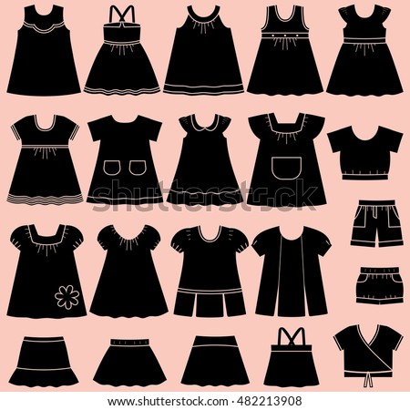Icon set children's summer clothes for girls. Collection of clothing on pink background. Vector illustration.