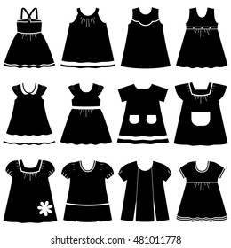 Icon set children's summer dresses. Collection cute clothes for girls on white background. Vector illustration.