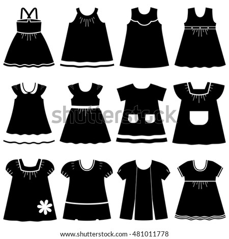 Icon set children's summer dresses. Collection cute clothes for girls on white background. Vector illustration.