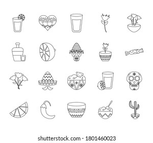 icon set of chili and mexican culture over white background, line style, vector illustration