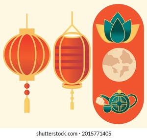 icon set chinese lantern and moon
