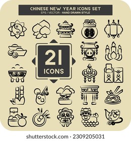 Icon Set Chinese New Year. related to Education symbol. hand drawn style. simple design editable