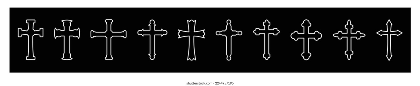 icon set christian cross vector symbol flat and outline style. Cross as symbol of easter, faith, death and resurrection form on black background