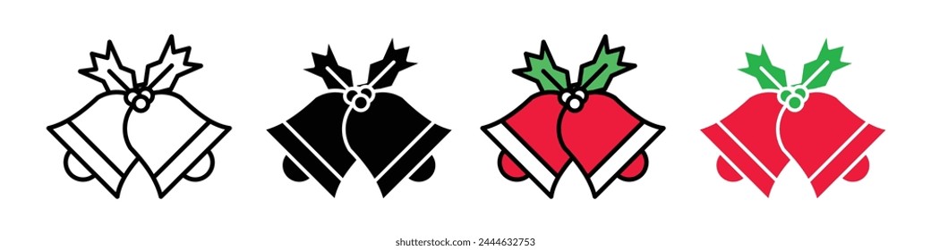 Icon Set of Christmas Bells Decorated with Bows for Holiday Celebrations