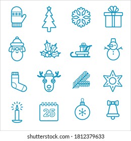 Icon set Christmas. Blue outline isolated on a white background. Vector line art.