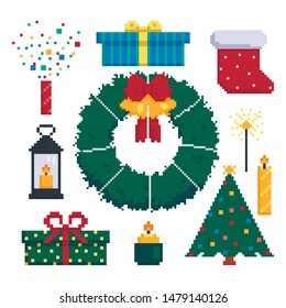 Icon set for christmas decoration. Items for the holiday. 8 bit. Graphics for games .Vector illustration in pixel art style.