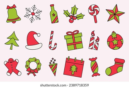 icon set of christmas ornaments, vector art colored simple and modern design.