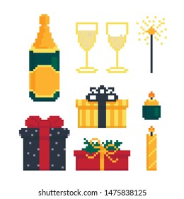 Icon set for christmas party. Items for the holiday. 8 bit. Graphics for games .Vector illustration in pixel art style.