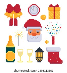 Icon set for christmas party. Items for the holiday. 8 bit. Graphics for games .Vector illustration in pixel art style.