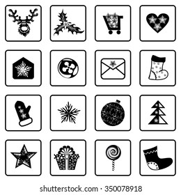 icon set, Christmas theme, black silhouette, white background, reindeer, snowflake, envelope, gift, candy, Holly