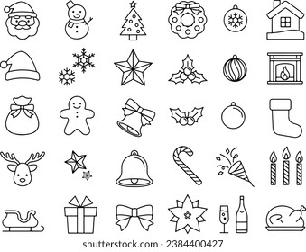 Icon set of christmas, xmas, ornament, decoration, decor,  Santa Claus, tree, gift, celebration. Thin line icons, flat vector illustrations. Isolated on white, transparent background